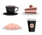 Set of food and drinks icons. Coffee paper cup, tea cup and plate, chocolate cake, croissant
