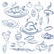 Set food and drinks sketch. Doodles collection mangal menu