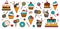 Set of food icons. Design for cafe, restaurant, confectionery. Desserts for Birthday, holiday, party. Illustrations for menu. Silh