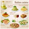 Set of food icons. Italian cuisine. Spaghetti with pesto, lasagna, penne pasta tomato sauce, pizza, olive oil, macaroni