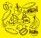 Set of food isolated on yellow background. fruit and vegetable icon. brown outline, hand drawn vector. doodle food for wallpaper,