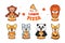 Set of food logos with animals, monkey, dog corgi, cat, panda, fox, squirrel eats pizza