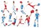 Set of football player characters showing different actions. Cheerful soccer player standing, running, kicking the ball