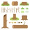 Set of forest tree stumps, logs, sticks, branches, grasses and mushrooms. Vector illustration