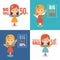 Set of four advertising shopping labels. Summer sale, big sale 50 percent.Banners seasonal discounts with character girl