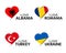 Set of four Albanian, Romanian, Turkish and Ukrainian heart shaped stickers. I love Albania, Romania, Turkey and Ukraine