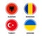 Set of four Albanian, Romanian, Turkish and Ukrainian stickers. Made in Albania, Made in Romania, Made in Turkey