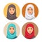 Set four Arab girls avatars in different traditional headdresses. Isolated. Vector. Young arab woman icons set girls portrait in