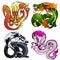 Set four artful Asian color dragon