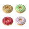 A set of four assorted doughnuts with colorful icing, swirls and sprinkles