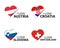 Set of four Austrian, Croatian, Slovenian and Swiss heart shaped stickers. I love Austria, Croatia, Slovenia and Switzerland