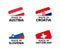 Set of four Austrian, Croatian, Slovenian and Swiss stickers. Made in Austria, Made in Croatia, Made in Slovenia and Made in