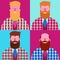 Set of four bearded smiling men with checked jacket