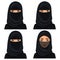 Set four beautiful young saudi woman portrait in black hijab in different face: looking left and right, closed face veil.
