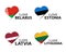 Set of four Belarussian, Estonian, Latvian and Lithuanian heart shaped stickers. I love Belarus, Estonia, Latvia and Lithuania