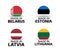 Set of four Belarussian, Estonian, Latvian and Lithuanian stickers. Made in Belarus, Made in Estonia, Made in Latvia