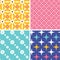 Set of four blue yellow pink geometric patterns