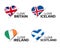 Set of four British, Icelandic, Irish and Scottish heart shaped stickers. I love Britain, Iceland, Ireland and Scotland