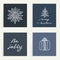 Set of four cards. Hand drawn golden gifts on dark blue backgrouns. Winter holidays. Christmas presents. Best wishes