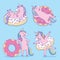 A set of four cartoon unicorns with inflatable donuts