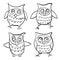 Set of four characters owls children contour doodle illustration