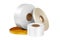 set of four coils of silk ribbons in white, beige, orange, different sizes for labels or branding, isolated without