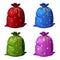 A set of four colored gift bags made of fabric decorated with patterns. Vector isolated illustration