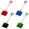 Set of four colored plastic shovels snow shovel with wooden handles, vector illustration