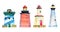 Set of four colorful cartoon lighthouses. Hand drawn watercolor illustration