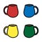 Set of four colorful cups with hot drinks.