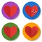 Set of four colorful flat heart icons with long shadows. Double hearts, broken heart, heartbeat. Valentine Day icons.