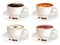 Set of four cups of coffee of different grades side view isolated on white background