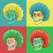 A set of four curly haired skulls wearing glasses. Pop art banner in RGB