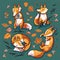 Set of four cute foxes in autumn leaves. Sweet vector illustration