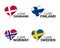 Set of four Danish, Finnish, Norwegian and Swedish heart shaped stickers. Made in Denmark, Finland, Norway and Sweden