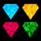 Set of four diamonds. Blue, yellow, pink and green. Black background.