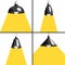 Set of four different pendant lamps with a rays of yellow light on a white background