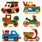 A set of four different types of wooden toys, wooden art toys, wooden art toys on base, mechanical vehicles.