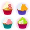 Set of four different yummy cupcake for International Women`s day with flowers for your design in cartoon style. Vector