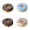 A set of four doughnuts, chocolate covered, chocolate with swirl, coffee covered with swirls and blueberry covered with monotone c