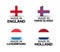 Set of four English, Faroe Islands, Luxembourgish and Dutch stickers. Made in England, Made in Faroe Islands, Made in Luxembourg