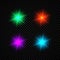 Set of four green, red, purple and blue glowing lights starburst effects