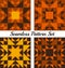 Set of four Halloween geometric seamless patterns with triangles and squares of orange, yellow, brown and black shades