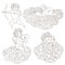 Set of four hand drawn sleeping angels on clouds. Outline angels isolated object. Vector Illustration.