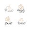 Set of four illustrations of cake vector calligraphic text with logo. Sweet cupcake with cream, vintage dessert emblem