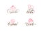 Set of four illustrations of cake vector calligraphic text with logo. Sweet cupcake with cream, vintage dessert emblem