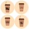 Set of four images of paper cups of coffee. Cardboard cups covered with plastic lid. On the cups label with coffee beans and hand-