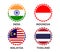 Set of four Indian, Indonesian, Malaysian and Thai stickers. Made in India, Made in Indonesia, Made in Malaysia and Made in Thaila