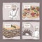Set of four Italian cuisine color labels with cook, baker, pizza and lasagna sketch.