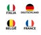 Set of four Italian, German, Belgian and French stickers. Italy, France, Germany and Belgium. Simple icons with flags